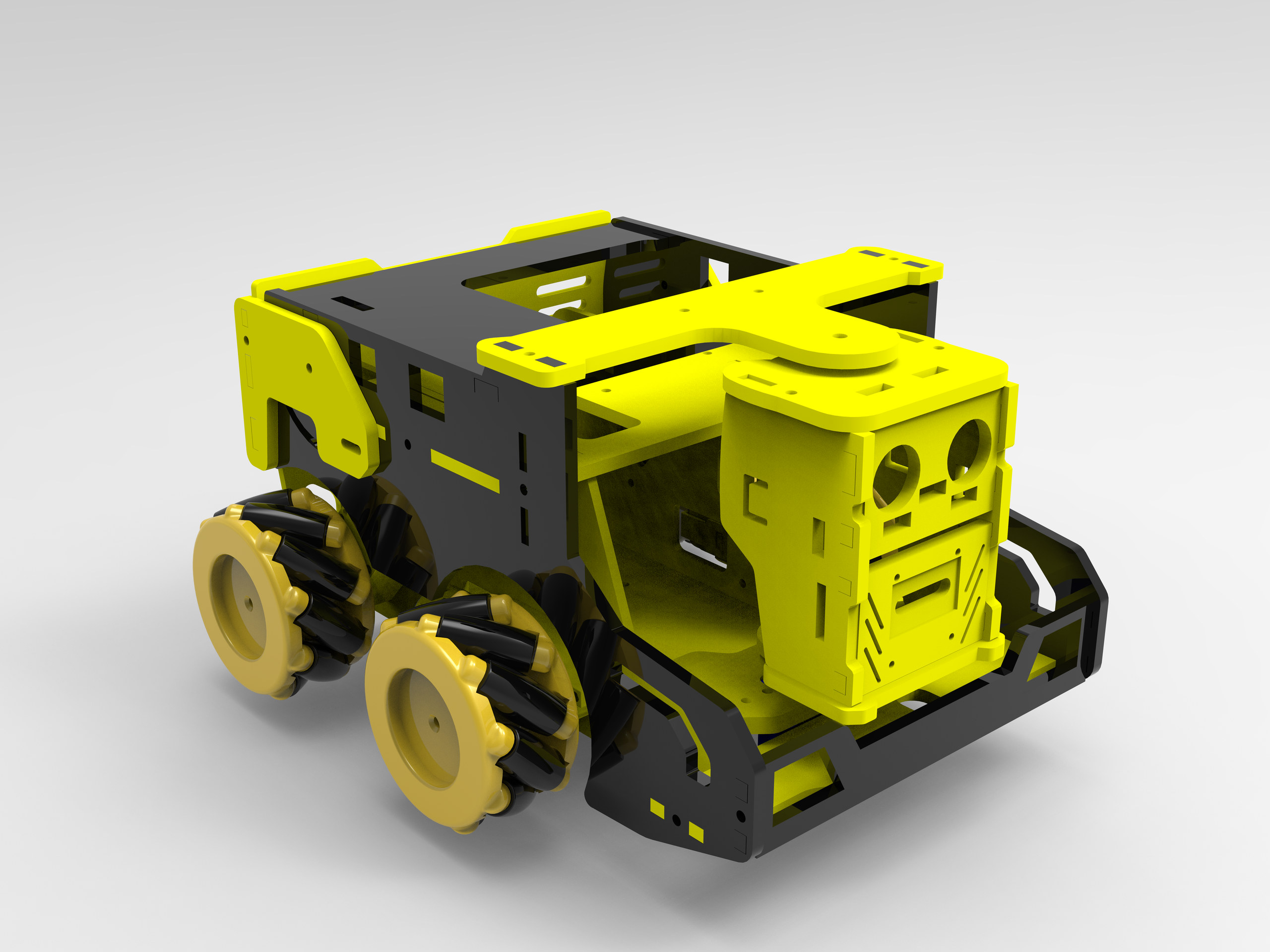 A yellow and black robot chassis with four angled-roller mecanum wheels