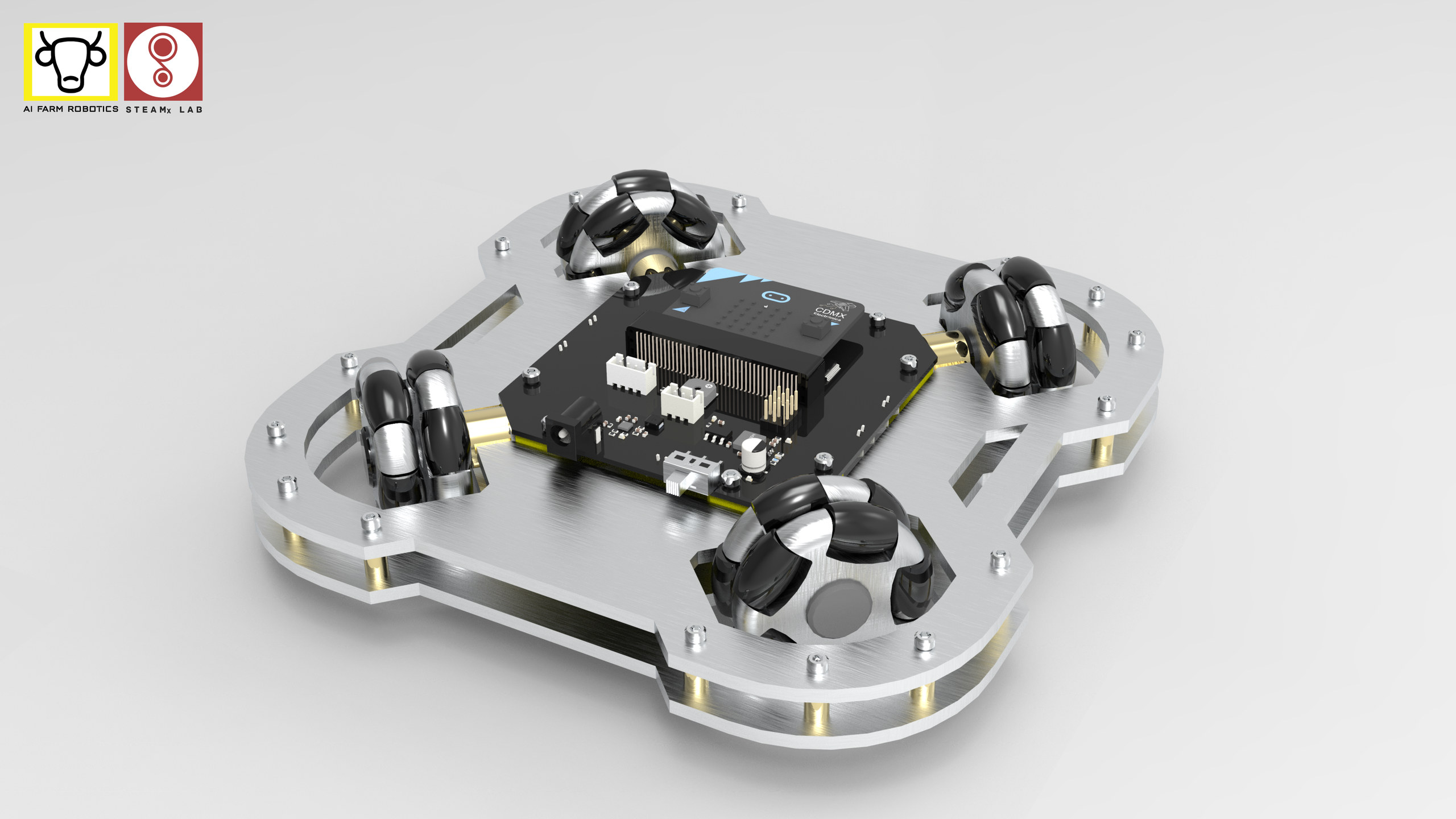 A rendered flat robot platform with four black roller wheels and a central electronics module