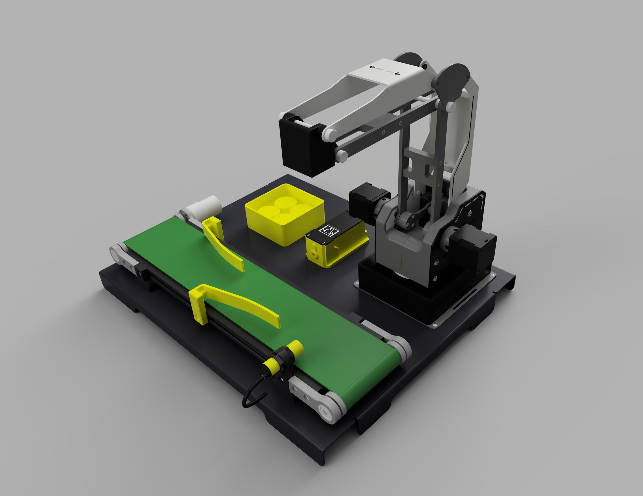 A rendered robotic arm beside a green miniature conveyor carrying yellow blocks