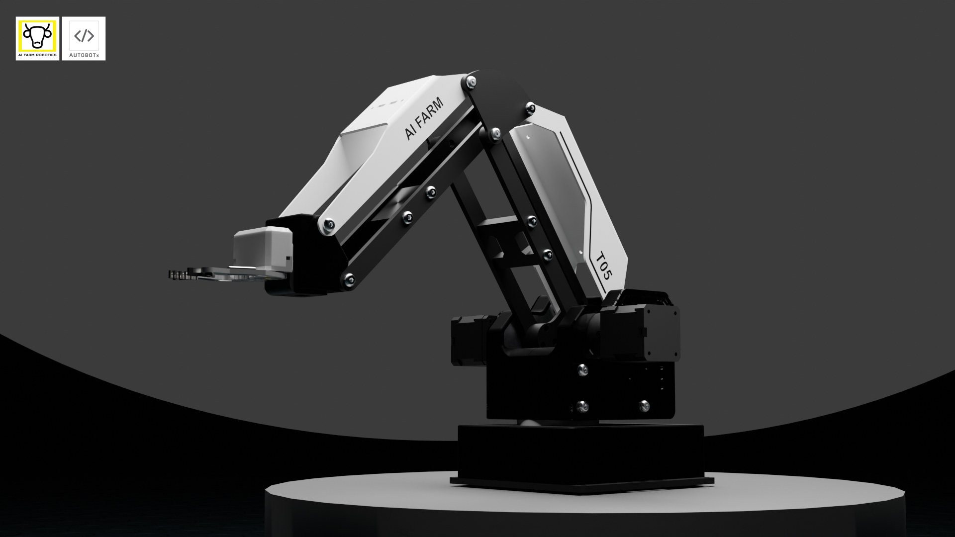 A gray and black robotic arm with a gripper displayed on a round platform