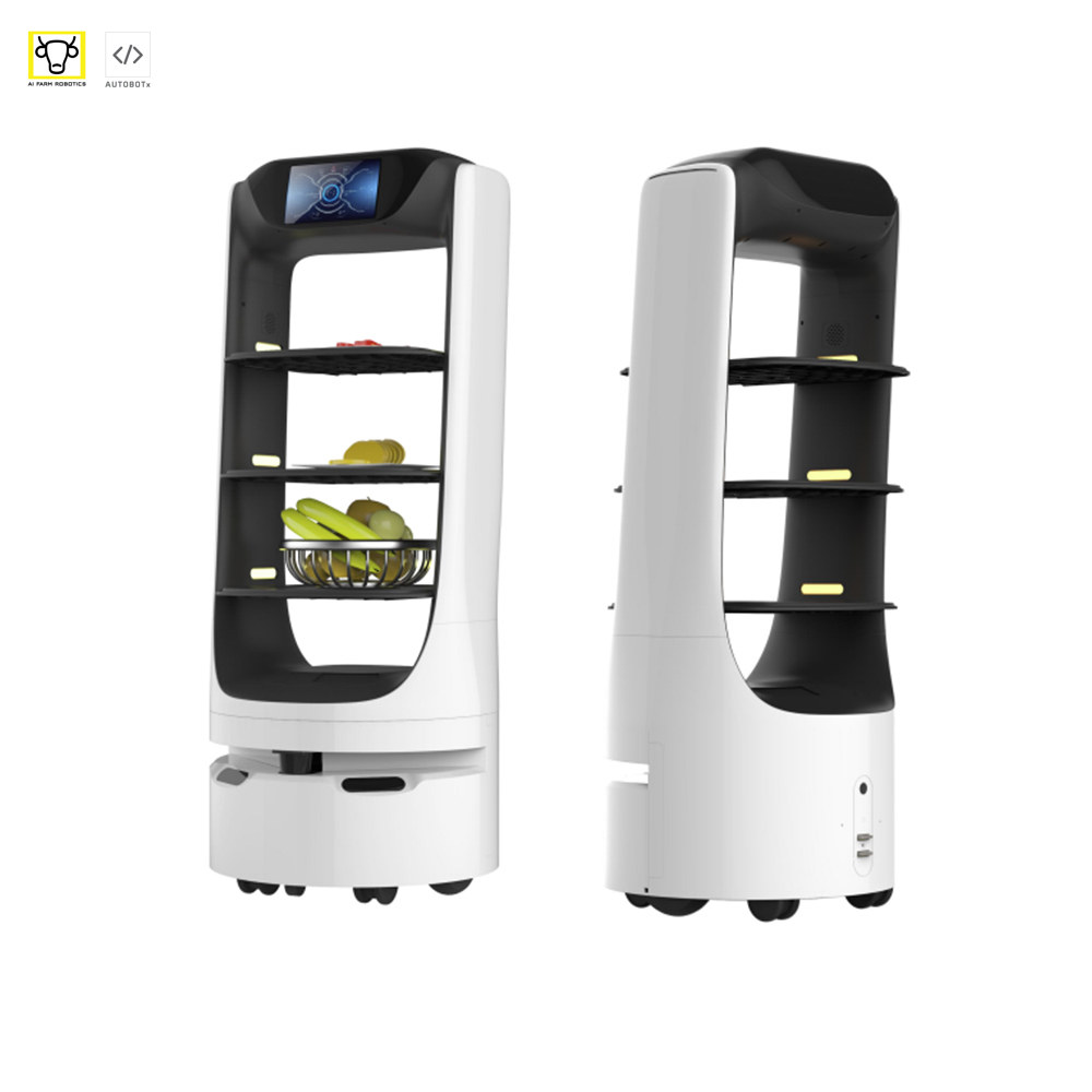 Two white and black shelf-style service robots, one carrying items on its trays