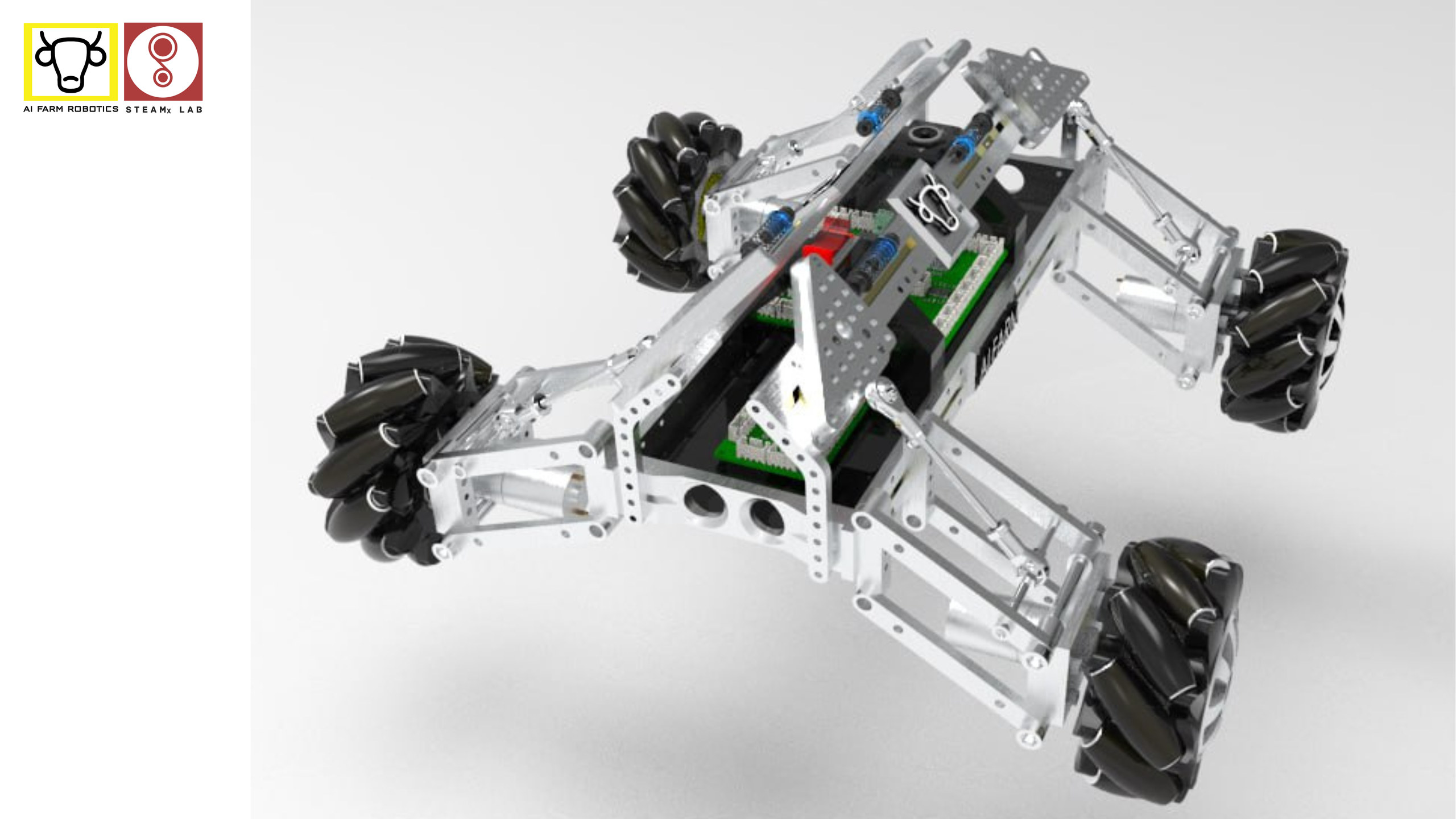 A rendered metal robot chassis with four black mecanum wheels and a green circuit board