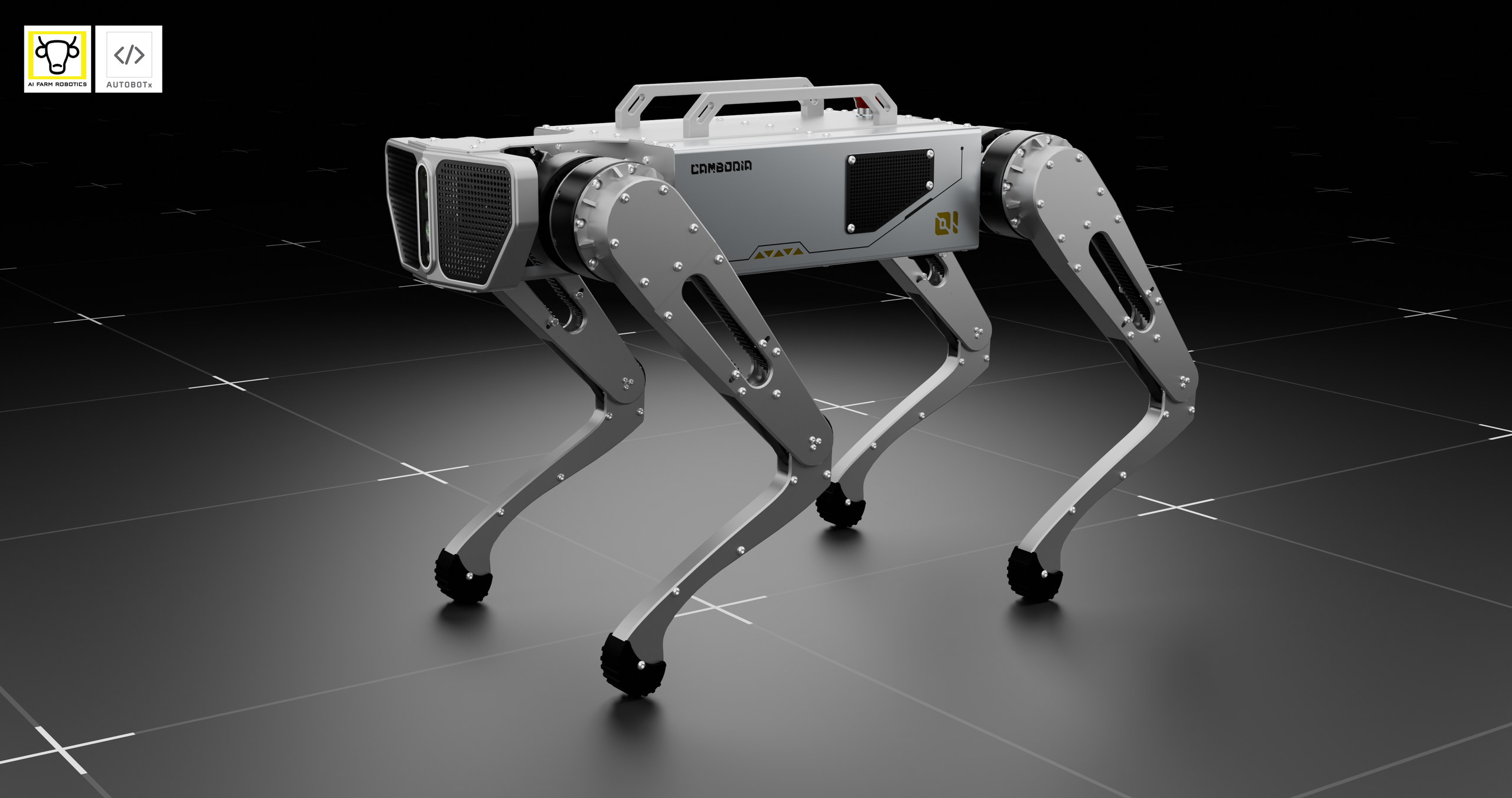 A gray four-legged robot with a rectangular body and articulated legs on a dark background
