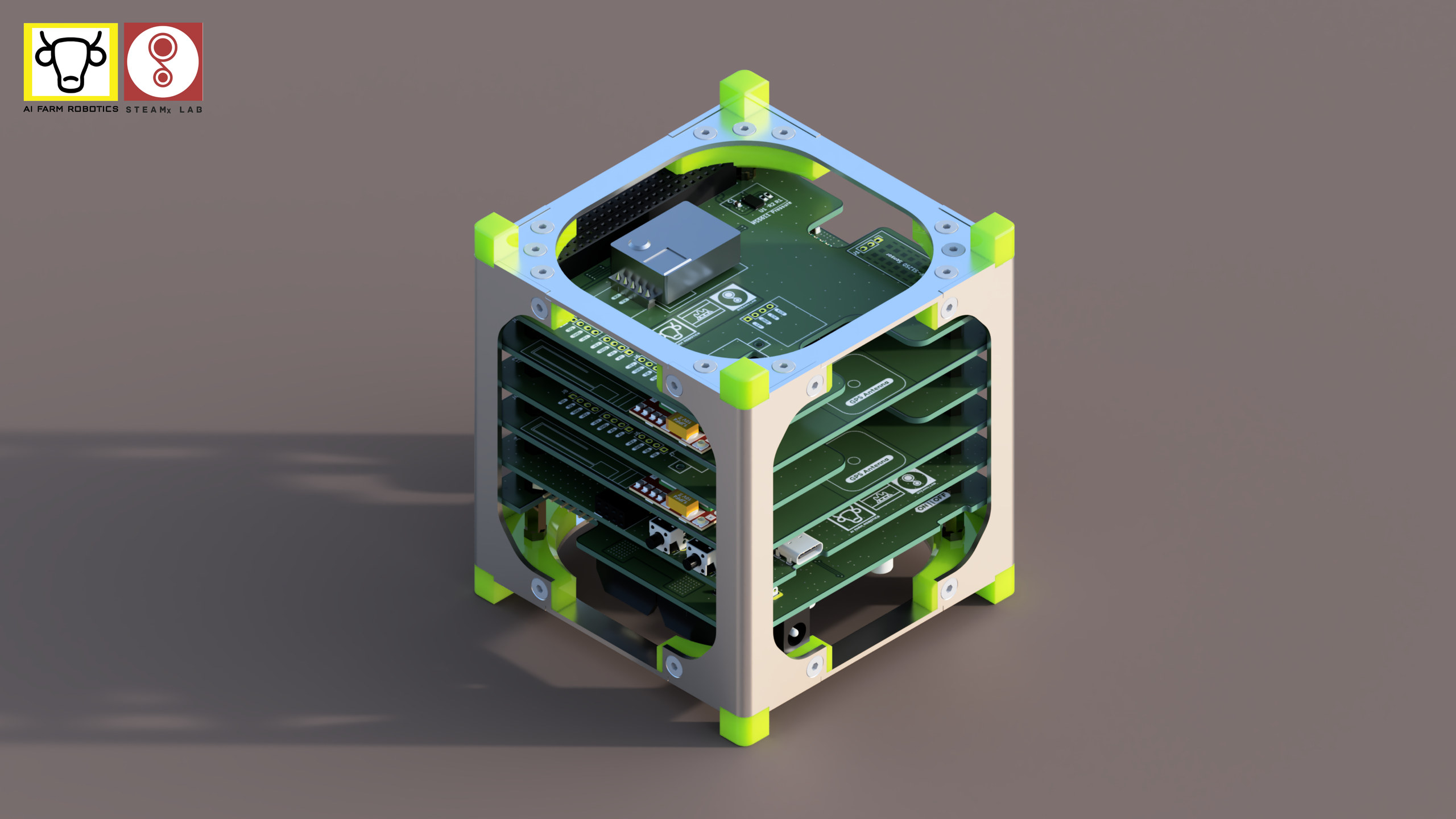 A rendered cube-shaped frame holding stacked circuit boards with green corner supports