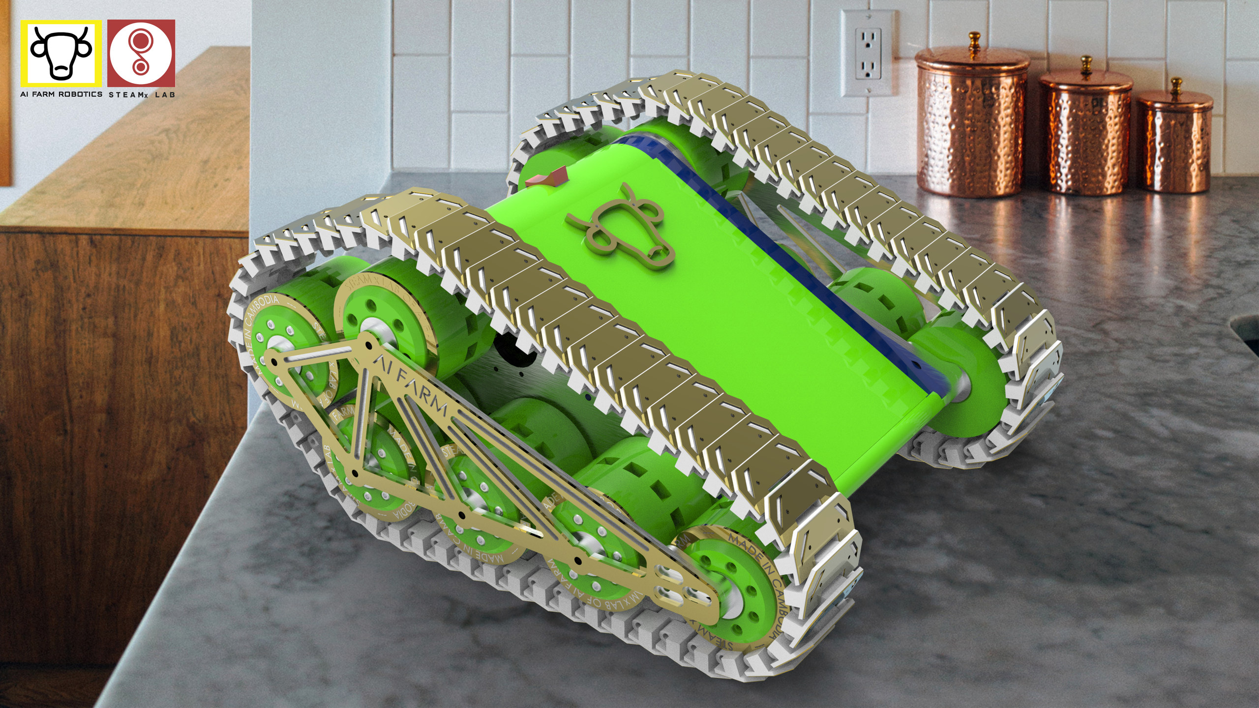 A rendered green tracked robot with metal treads on either side of its body