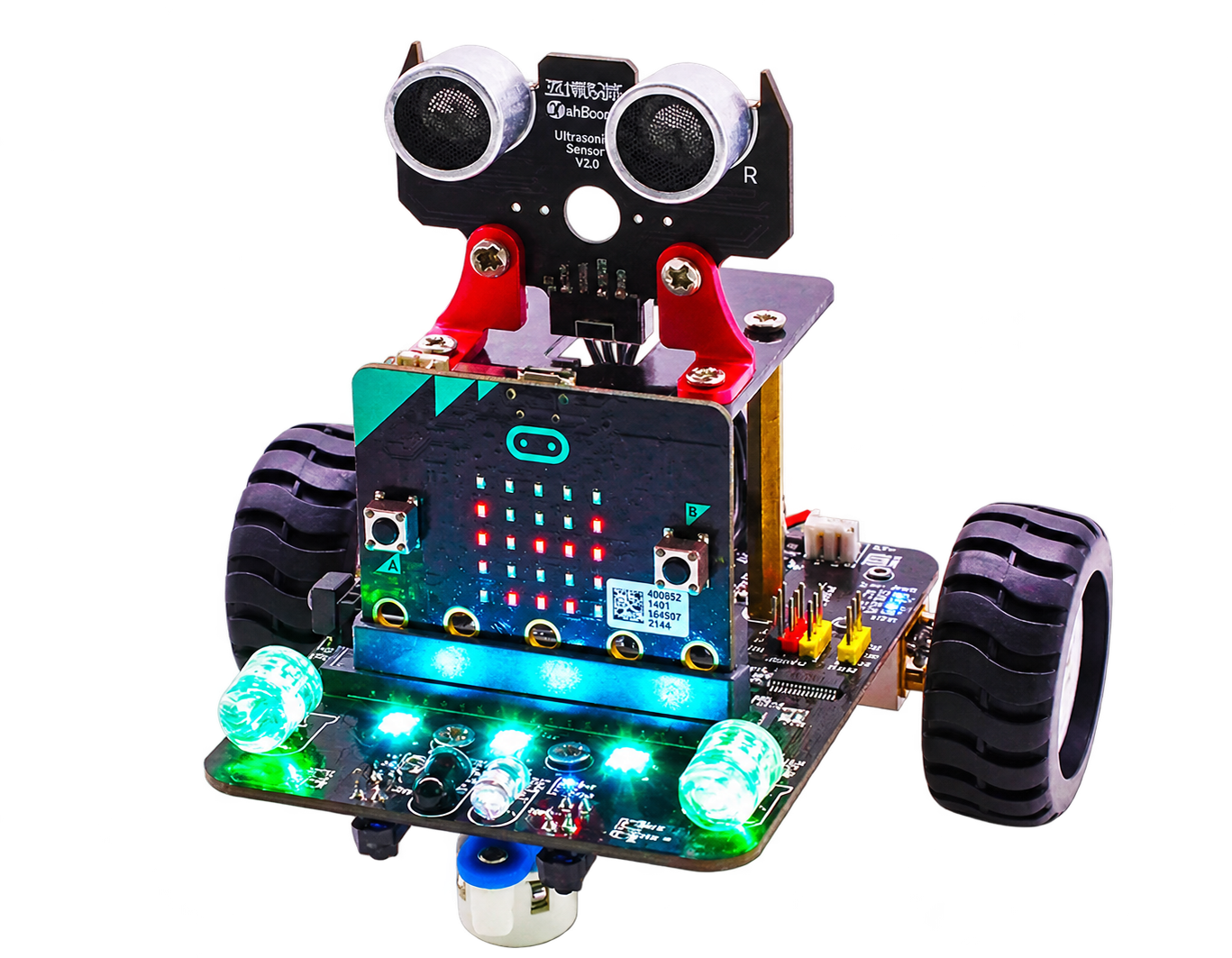 A two-wheeled smart car with ultrasonic sensors and illuminated LEDs